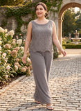 Plus Size 3-Piece Beaded Jewel Neck Allover Floral Embroidered Scallop Hem Sleeveless Top, 3/4 Sleeve Asymmetric Chiffon Jacket & Wide-Leg Pants Mother of the Bride Pantsuit