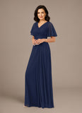 V-Neck Flutter Sleeve Ruched Chiffon A-Line Mother of the Bride Dress