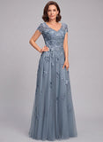 V-Neck Cap Sleeve Allover Rose Lace Applique Tulle A-Line Mother of the Bride Dress