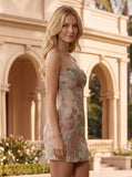 Strapless Sweetheart Gold Sequin Floral Jacquard Boned Corset Open Back Bodycon Mini Dress