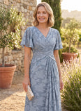 V-Neck Flutter Sleeve Floral Jacquard A-Line Mother of the Bride Dress