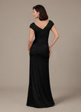 V-Neck Cap Sleeve Ruched Jersey Mother of the Bride Dress with Cascade Ruffle & Side Slit