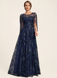 Illusion Scoop Neck Split Cape Sleeve Allover Sequin Floral Lace A-Line Mother of the Bride Dress