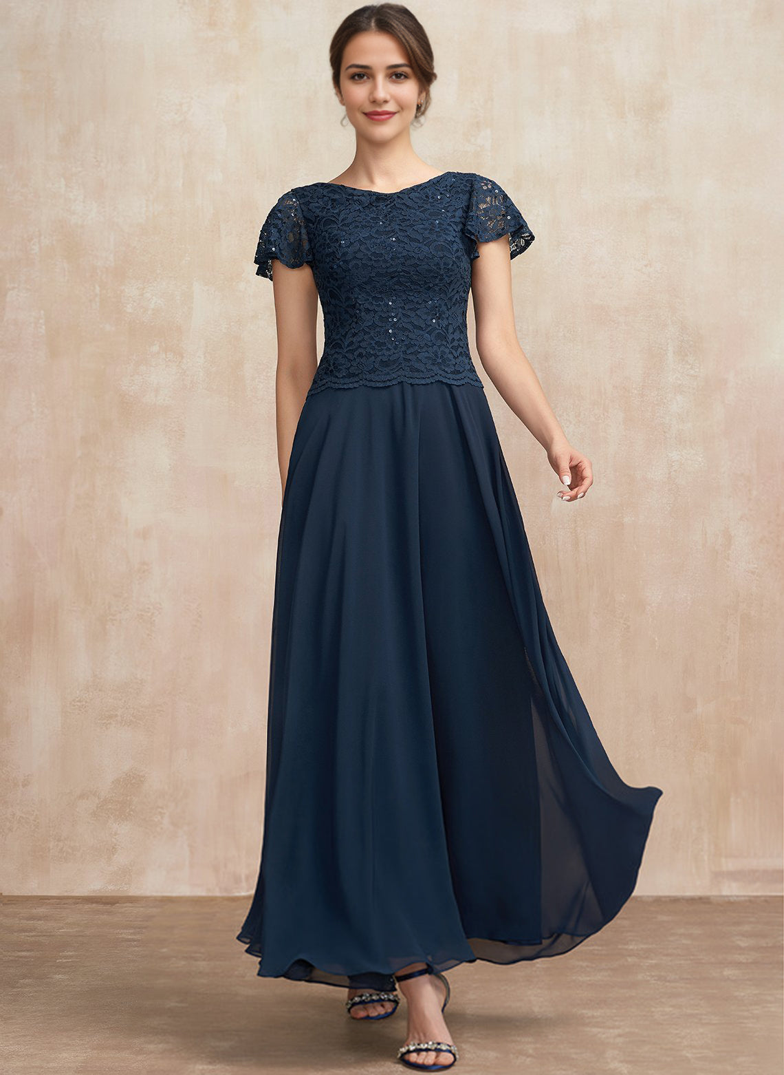 A-line Scoop Ankle-Length Lace Chiffon Mother of the Bride Dress With RoseProm A-line Scoop Ankle-Length Lace Chiffon Mother of the Bride Dress With RoseProm