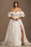 Off-The-Shoulder Corset Floral Lace Ball-Skirt Wedding Gown