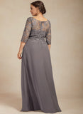 Plus Size A-line Scoop Illusion Floor-Length Lace Chiffon Mother of the Bride Dress With Cascading Ruffles