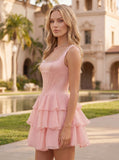 Square Neck Pearl Strap Corset Chiffon Homecoming Dress with Tiered Ruffle Dress & Pockets