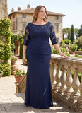 Plus Size Scoop Neck Illusion Lace Applique 3/4 Sleeve Diagonal Ruched Sheath Mother of the Bride Dress