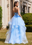 Ball Gown V Neck Sweep Train Tulle Prom Dress with Appliqued Beading Ruffles