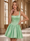 Square Neck Wide Strap Corset Satin Homecoming Dress with Lace-Up Back & Pockets