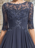 A-line Scoop Illusion Floor-Length Lace Chiffon Mother of the Bride Dress With Pleated Sequins