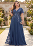 Plus Size V-Neck Flutter Sleeve Sequin Floral Embroidered Chiffon A-Line Mother of the Bride Dress