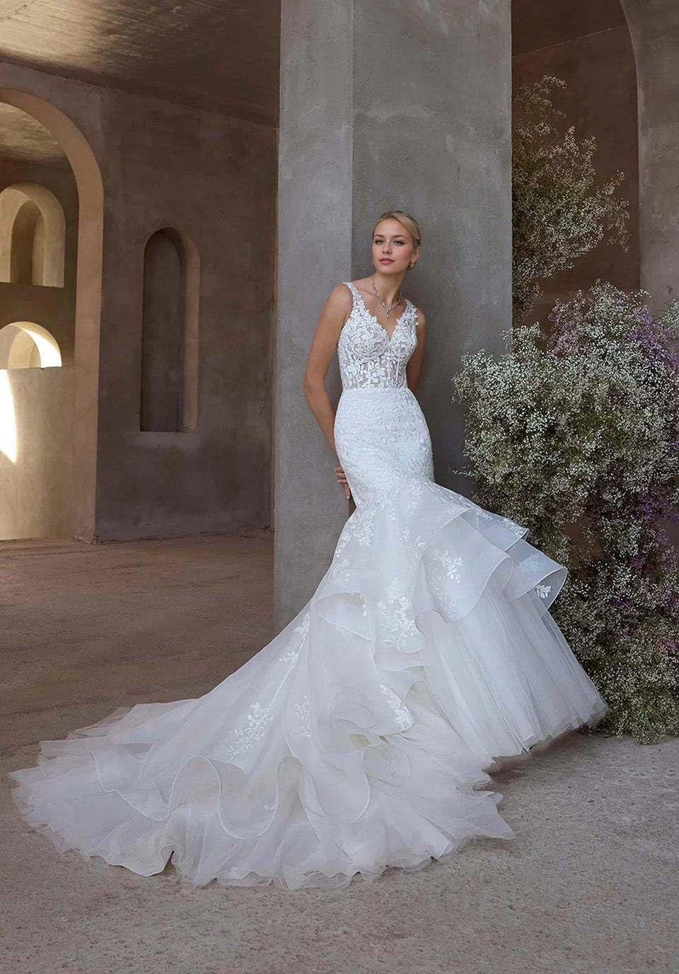 tiered lace mermaid wedding dress Sweetheart Mermaid Tiered Lace Wedding Dress Ruched with Sweep Train,MW337