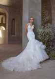 Mermaid Lace Corset V Neck Tiered Organza Wedding Dress