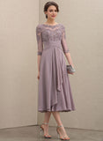 A-line Scoop Illusion Tea-Length Lace Chiffon Mother of the Bride Dress With Cascading Ruffles