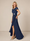 Scoop Neck Cowl Cape Sleeve Beaded Brooch Cascade Ruffle Mother of the Bride Dress with Side Slit