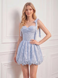 Tie Shoulder Strap Sweetheart Crossover Ruched Bust Floral Mini Dress
