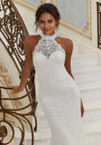 Chantilly Lace Halter Wedding Gown Keyhole Back with Scalloped Edging