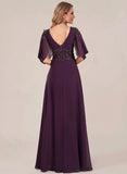 V-Neck Flutter Sleeve Sequin Floral Applique Empire Waist A-Line Chiffon Mother of the Bride Dress