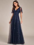 V Neck Ruffle Sleeves Sequin Maxi Long Evening Dress