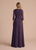 V-Neck 3/4 Sleeve Ruched Starburst Chiffon A-Line Mother of the Bride Dress