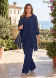 Plus Size 3-Piece Beaded Scoop Neck Chiffon Lace Mother of the Bride Pant Suit with Jacket