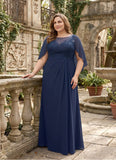 Plus Size Scoop Neck Illusion Lace Applique Chiffon Cape Sleeve Ruched A-Line Mother of the Bride Dress