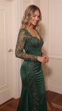 Long Sleeve Sweetheart Mermaid Evening Gown with Beaded Lace & Ruffle Train