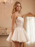 Strapless Ruched Lace Satin Boned Corset Lace-Up Back Fit and Flare Mini Dress