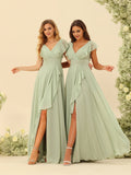 A-Line/Princess V-Neck Long Bridesmaid Dresses with Ruffles