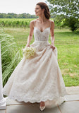 Lace Sweetheart Spaghetti Straps Wedding Gown with Scalloped Hem and Satin Back Bow