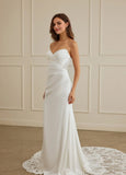 Sheath Strapless Court Train Satin Tulle Wedding Dress With Lace