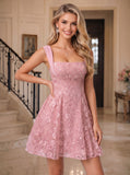 Wide Strap Sweetheart Allover Floral Lace Open Back Bow Tie A-Line Mini Dress