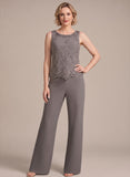 3-Piece Beaded Scoop Neck Scallop Lace Hem Sleeveless Top, 3/4 Sleeve Asymmetric Chiffon Jacket & Wide-Leg Pants Mother of the Bride Pantsuit