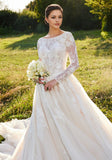 Illusion Boat neck long sleeves Wedding Gown with Back Bow