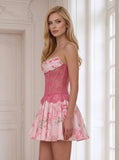 Strapless Draped Floral Print Lace Corset A-Line Homecoming Dress