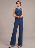 3-Piece Jewel Neck Allover Sequin Lace Top, 3/4 Sleeve Sequin Trim Chiffon Mother of the Bride Pantsuit