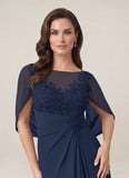 Bateau Neck Lace Applique Cape Sleeve Ruched Chiffon Mother of the Bride Dress