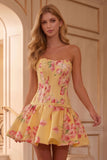 Strapless Floral Print Boned Corset Bubble Skirt Homecoming Dress