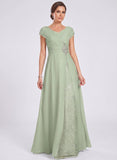 V-Neck Cap Sleeve Beaded Brooch Diagonal Ruched Sequin Panel A-Line Chiffon Mother of the Bride Dress