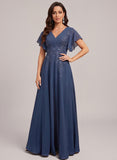 V-Neck Flutter Sleeve Sequin Floral Embroidered Chiffon A-Line Mother of the Bride Dress