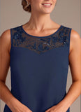 3-Piece Beaded Illusion Neck Chiffon Mother of the Bride Pant Suit with Jacket