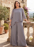 Plus Size Bateau Neck Beaded Shoulder 3/4 Sleeve Double-Tiered Asymmetric Chiffon Top & Wide-Leg Pants Mother of the Bride Pantsuit