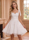 Sweetheart Bow Tie Straps Sequin Floral Embroidered Tulle A-Line Mini Dress