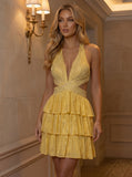 Deep V Halter Neck Sequin Cutout Homecoming Dress with Tiered Ruffle Dress