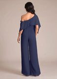 One Shoulder Draped Cape Chiffon Wide-Leg Jumpsuit for Mother of the Bride