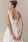 Square Neck Wide Strap Boned Corset Pockets A-Line Satin Wedding Dress with Train
