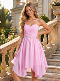 Spaghetti Strap Sweetheart Ruched Beaded Waist High-Low Chiffon A-Line Mini Dress
