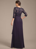 Empire V-Neck Floor-Length Lace Chiffon Mother of the Bride Dress With Cascading Ruffles Sequins