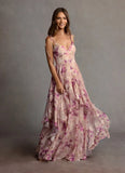 Mauve Floral Chiffon Floor Length V-Neck Maxi Prom Dress